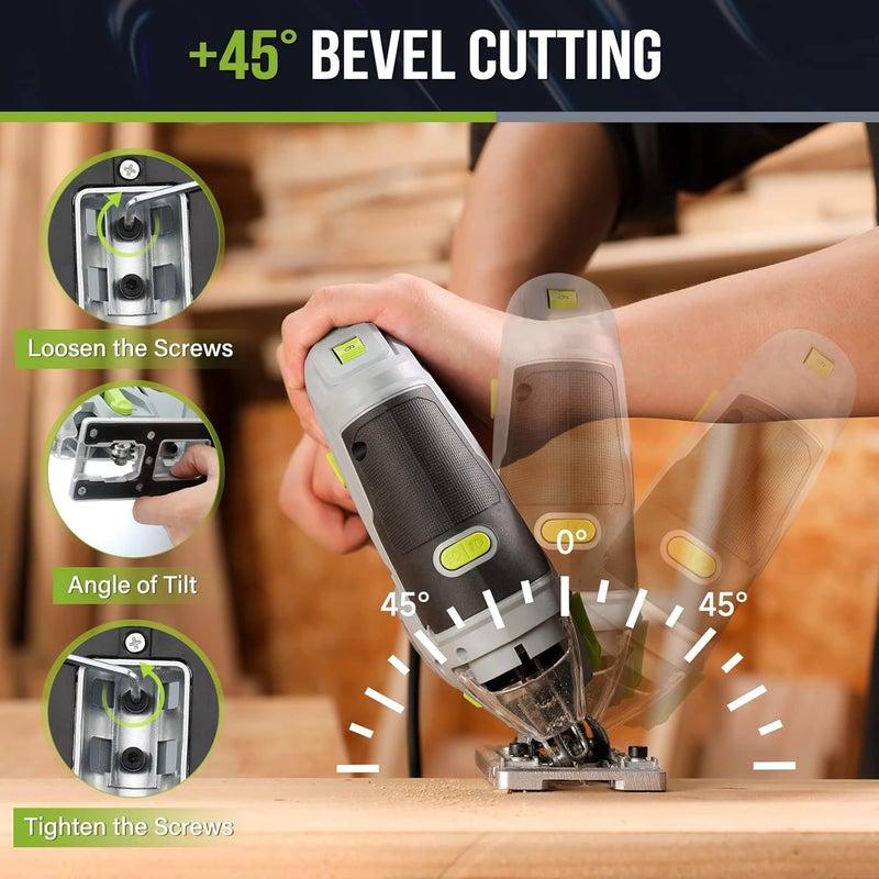 WORKPRO منشار كهربائي، 6.5 أمبير 850 واط مع مجموعة أدوات منشار كهربائي بسلك مع 6 سرعات متغيرة، 7 شفرات، قطع مائل ±45°، ضوء LED، 3000 دورة في الدقيقة، 4 إعدادات مدارية، دليل حافة، تغيير شفرة بدون أدوات - Image 4